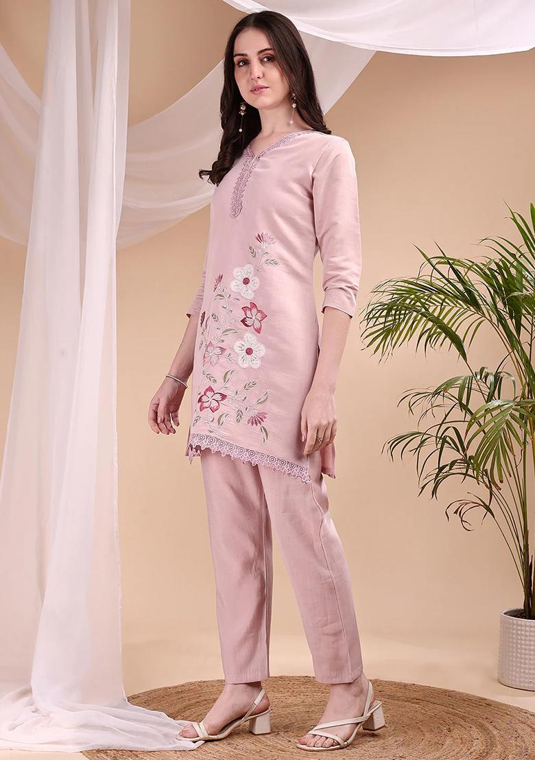 Peach Embroidery Chanderi Kurta Set - Indya