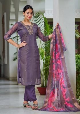 Purple Embroidery Silk Kurta Set