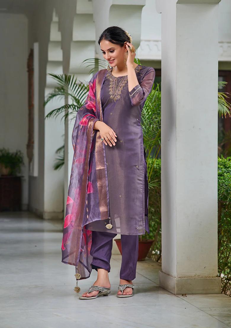 Purple Embroidery Silk Kurta Set - Indya