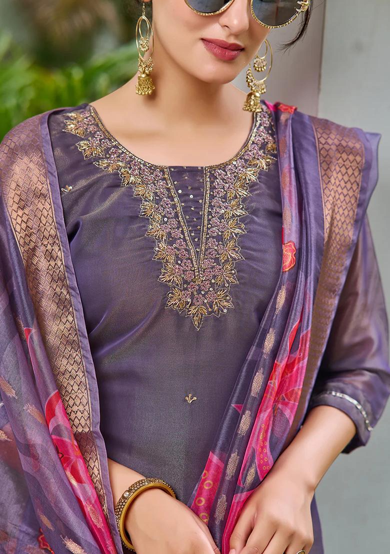 Purple Embroidery Silk Kurta Set - Indya