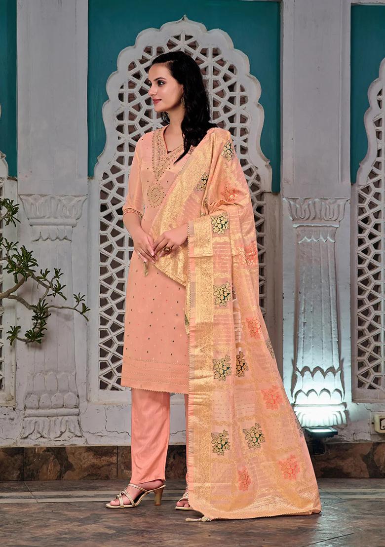 Peach Embroidery Jacquard Kurta Set - Indya