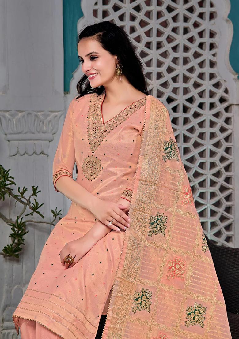 Peach Embroidery Jacquard Kurta Set - Indya