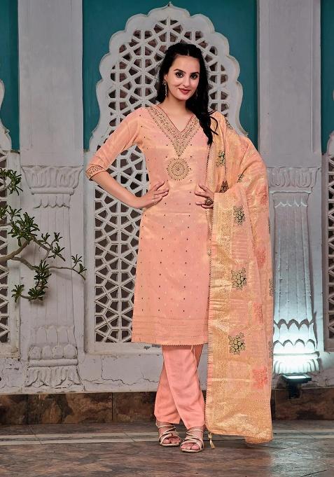 Peach Embroidery Jacquard Kurta Set