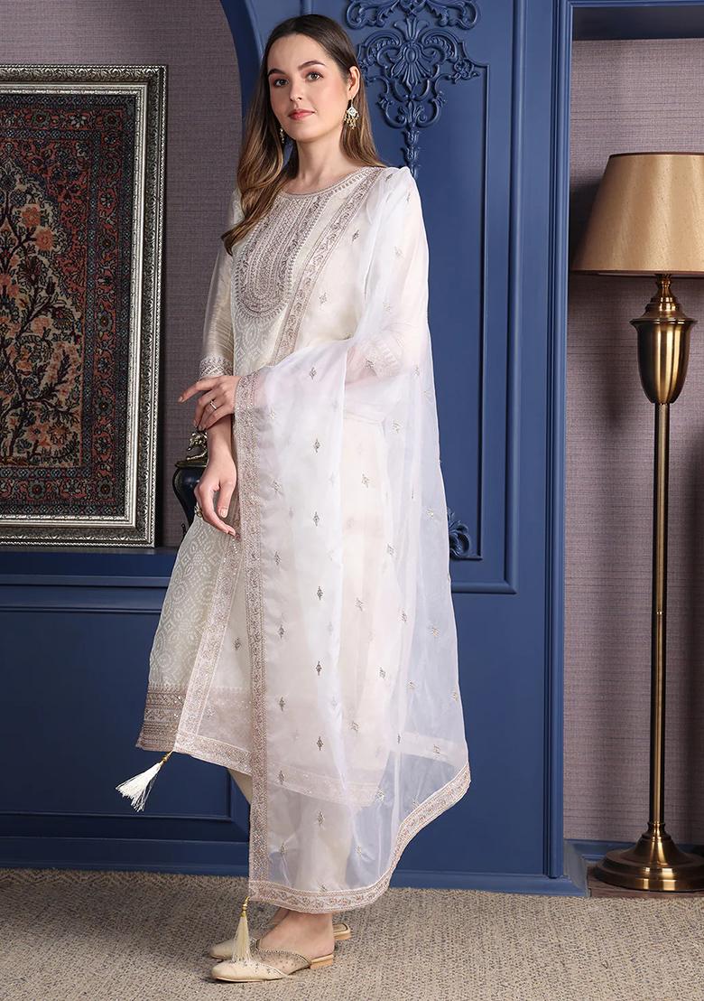 Cream Embroidery Jacquard Kurta Set - Indya