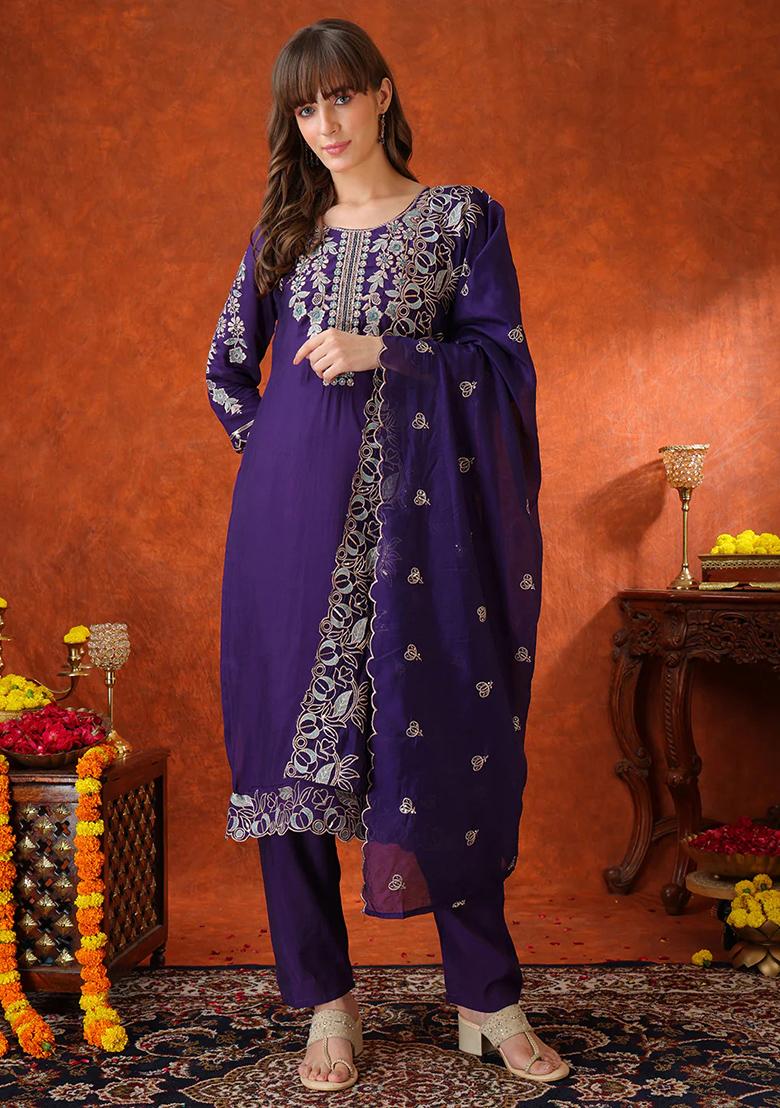 Purple Embroidery Chanderi Kurta Set - Indya