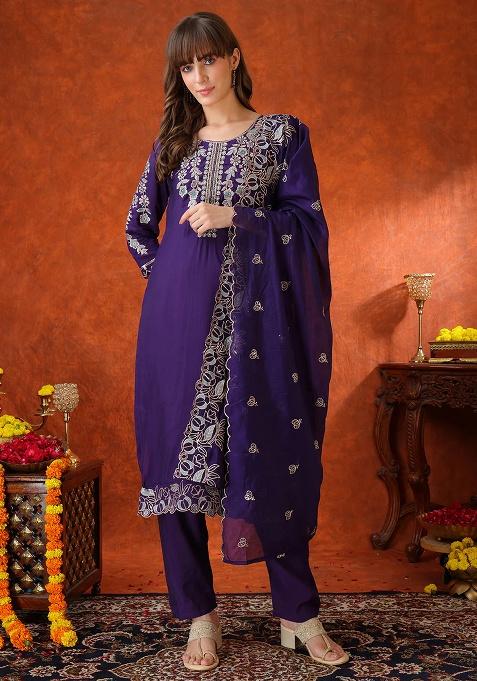 Purple Embroidery Chanderi Kurta Set