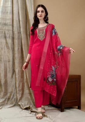 Pink Embroidery Chanderi Kurta Set