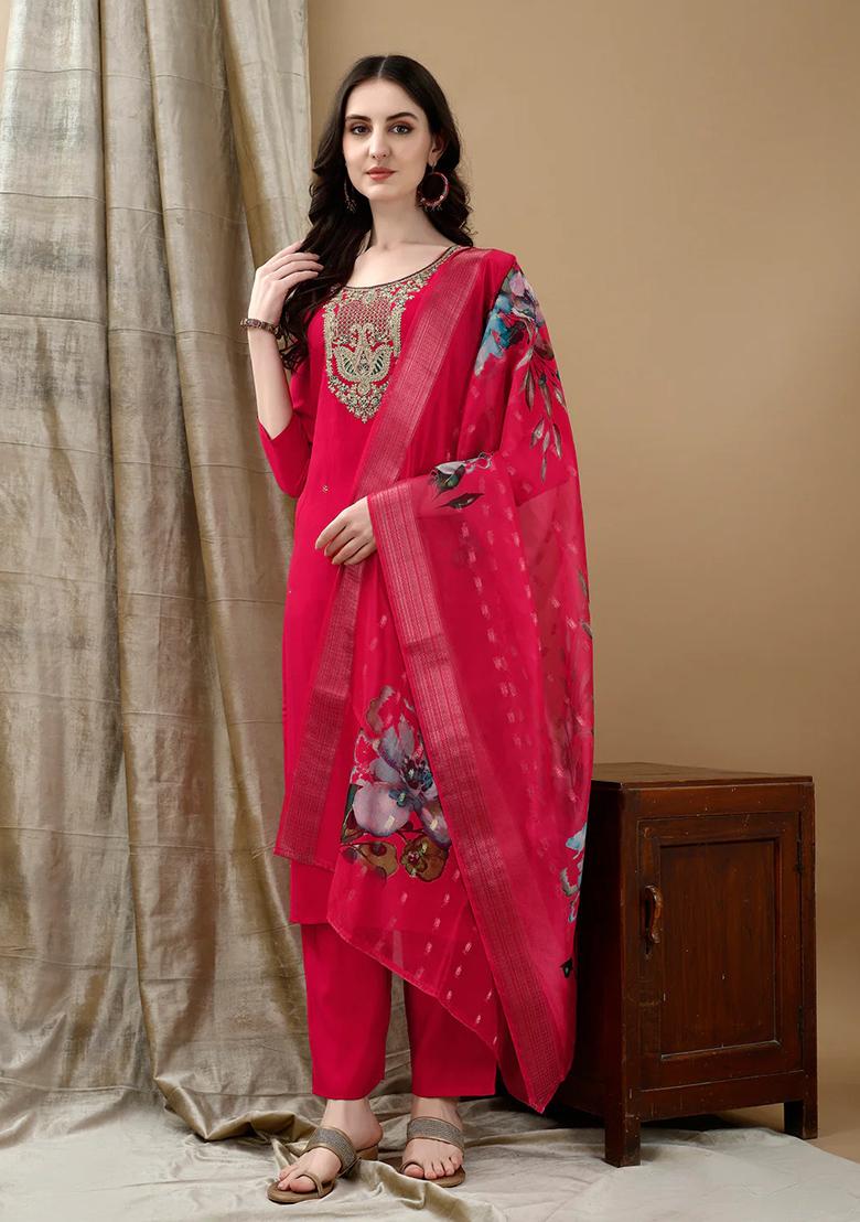 Pink Embroidery Chanderi Kurta Set - Indya