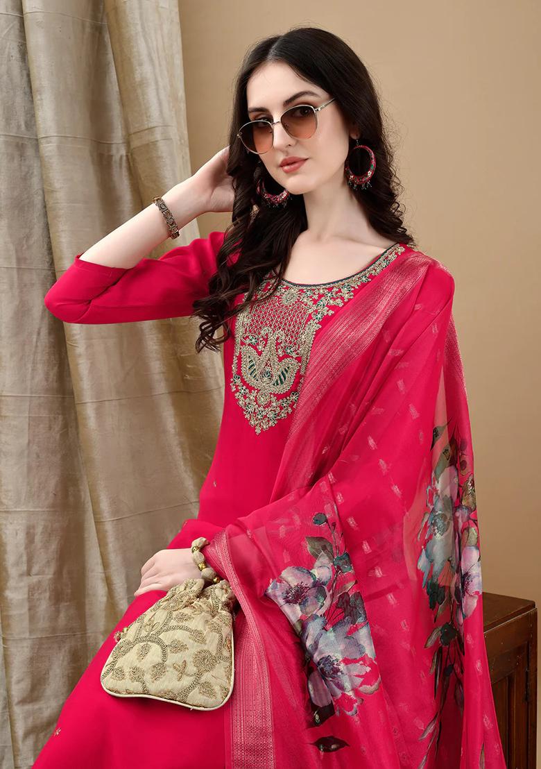 Pink Embroidery Chanderi Kurta Set - Indya