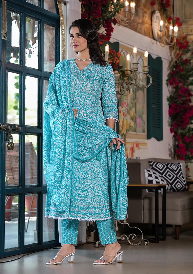 Blue Embroidery Cotton Kurta Set - Indya
