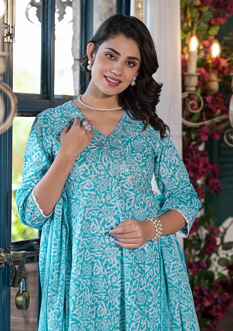 Blue Embroidery Cotton Kurta Set - Indya