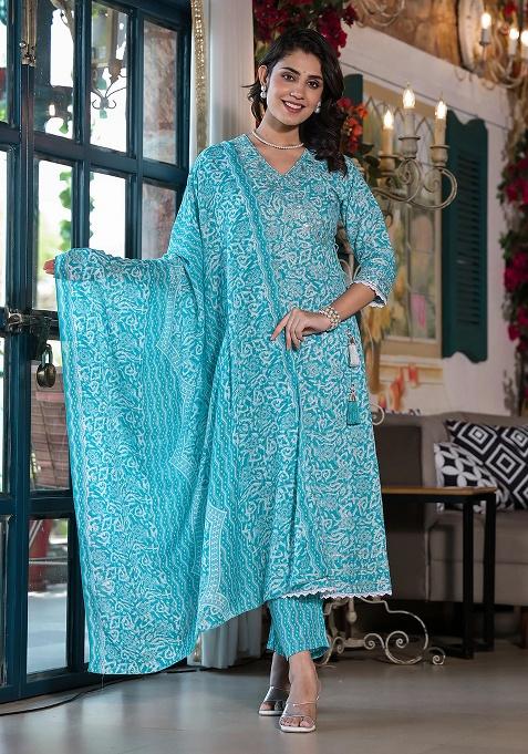 Blue Embroidery Cotton Kurta Set
