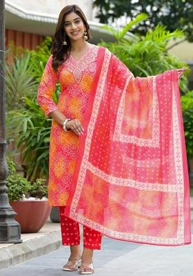 Orange Embroidery Rayon Kurta Set