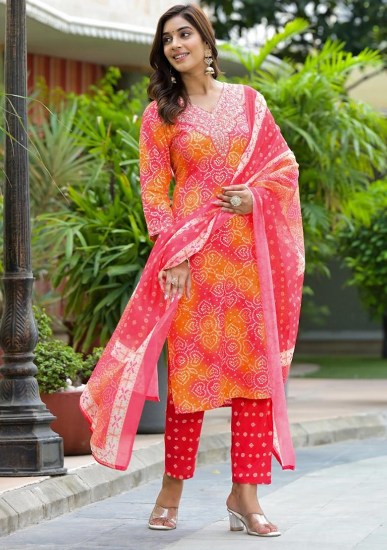 Orange Embroidery Rayon Kurta Set - Indya