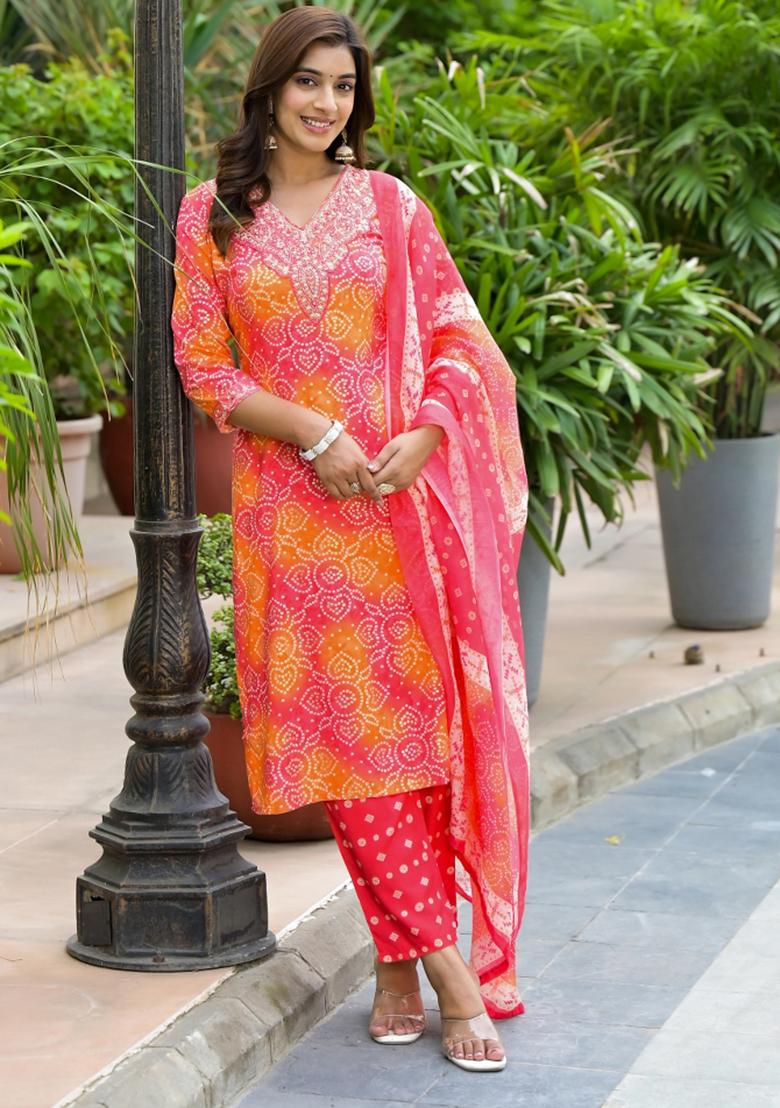 Orange Embroidery Rayon Kurta Set - Indya