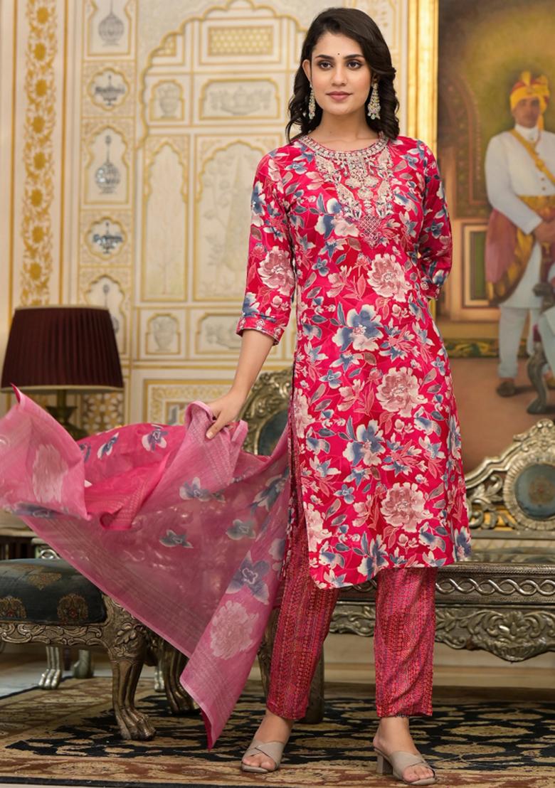 Pink Embroidery Rayon Kurta Set - Indya