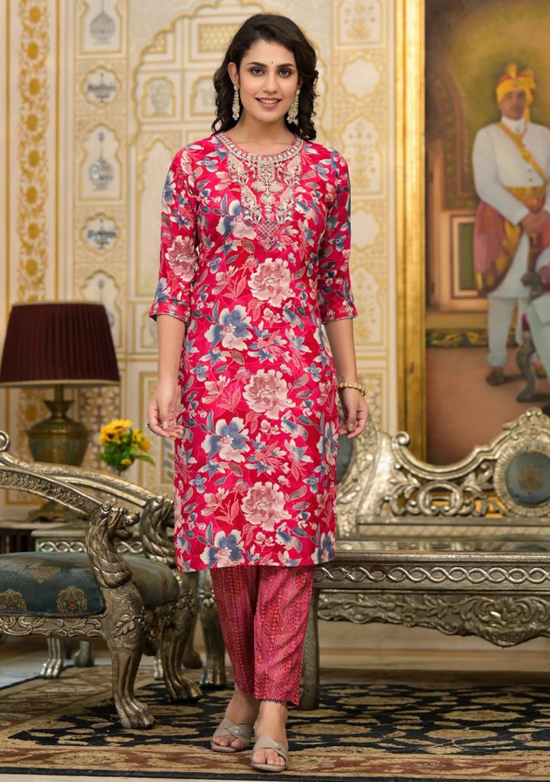Pink Embroidery Rayon Kurta Set - Indya