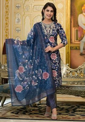 Navy Blue Embroidery Rayon Kurta Set
