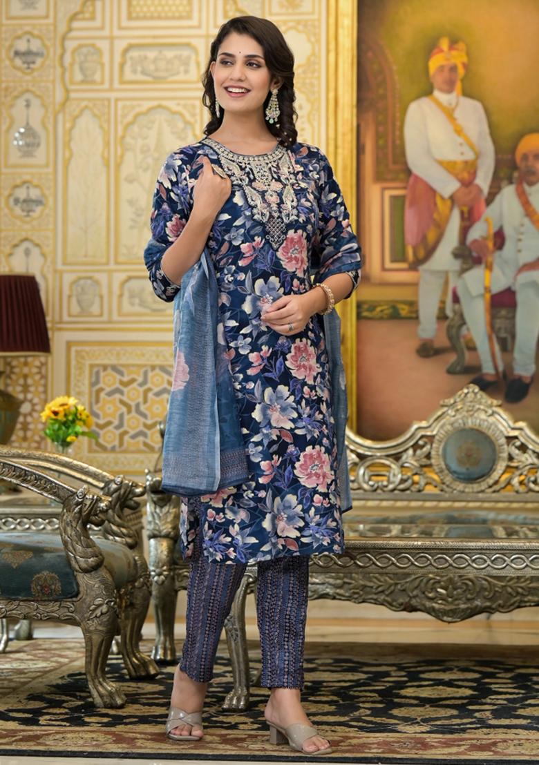 Navy Blue Embroidery Rayon Kurta Set - Indya