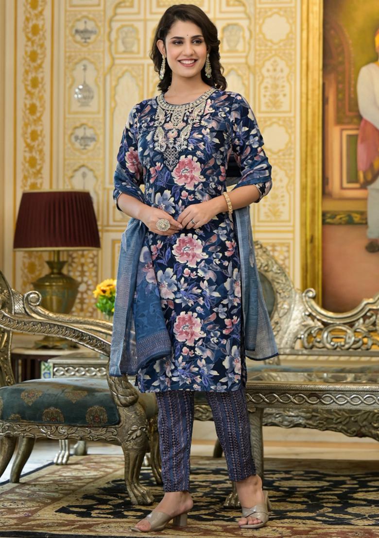 Navy Blue Embroidery Rayon Kurta Set - Indya