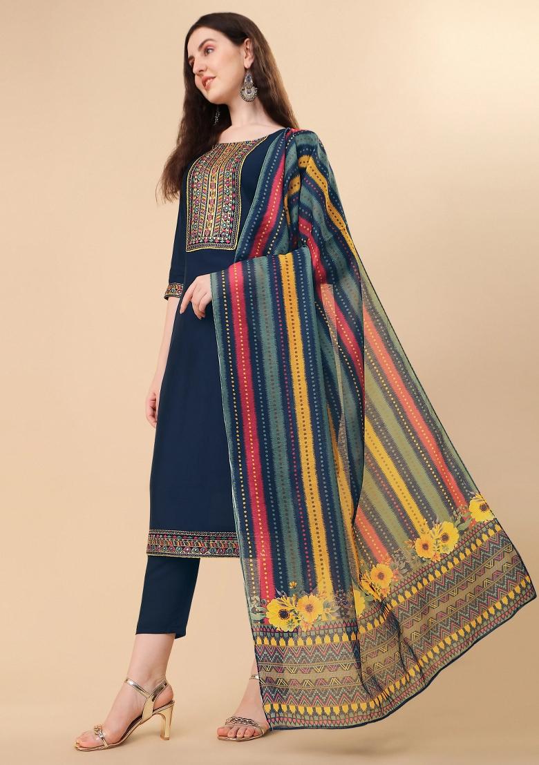 Multicolor Embroidery Rayon Kurta Set - Indya