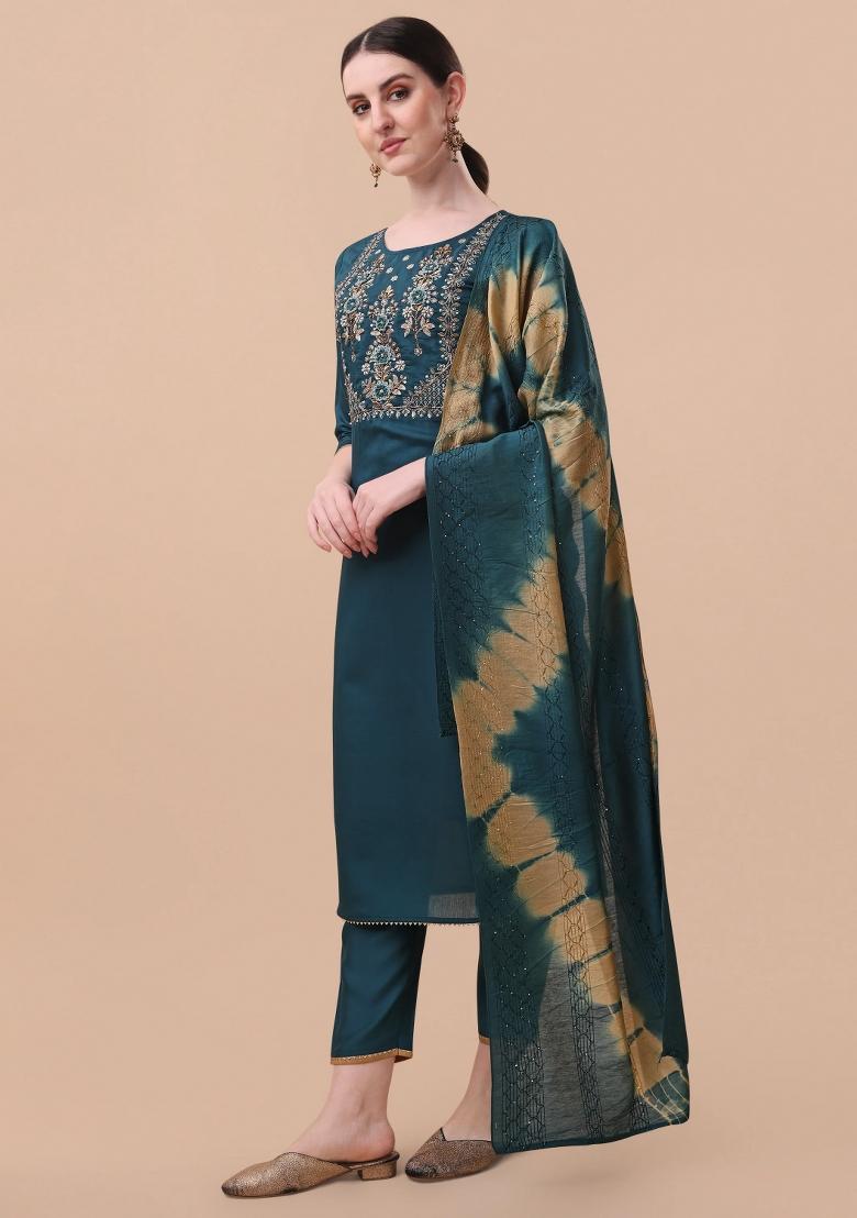 Multicolor Embroidery Rayon Kurta Set - Indya