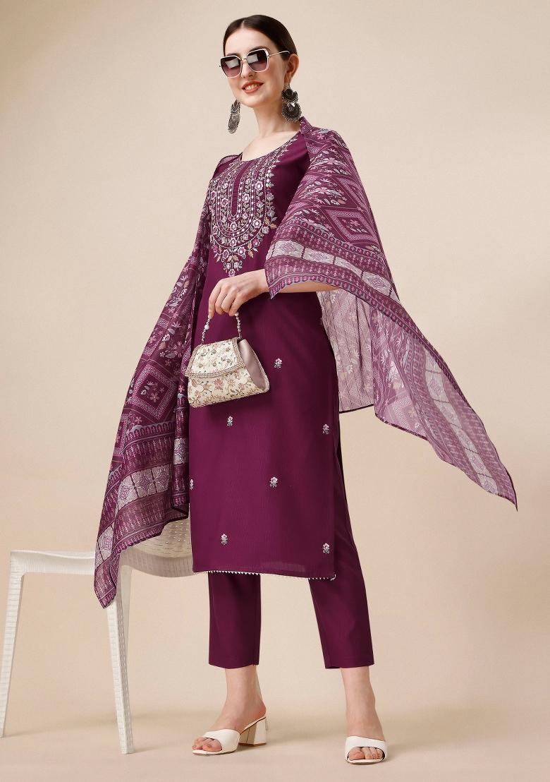 Multicolor Embroidery Rayon Kurta Set - Indya