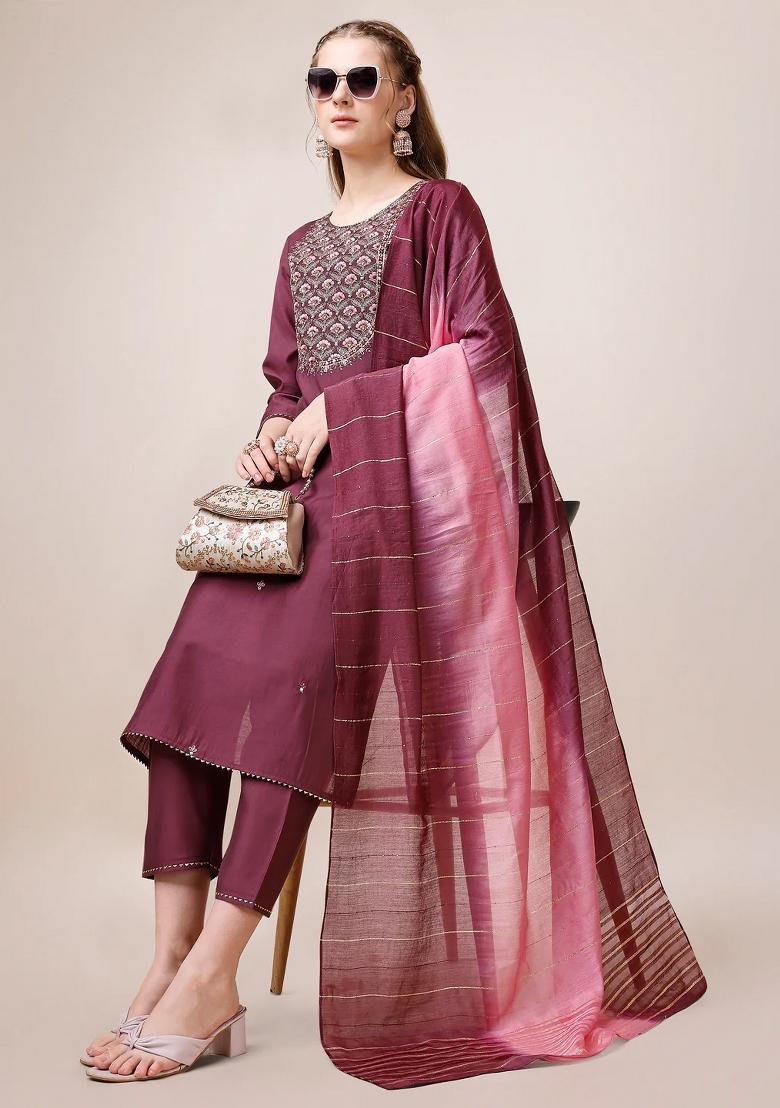 Multicolor Embroidery Rayon Kurta Set - Indya