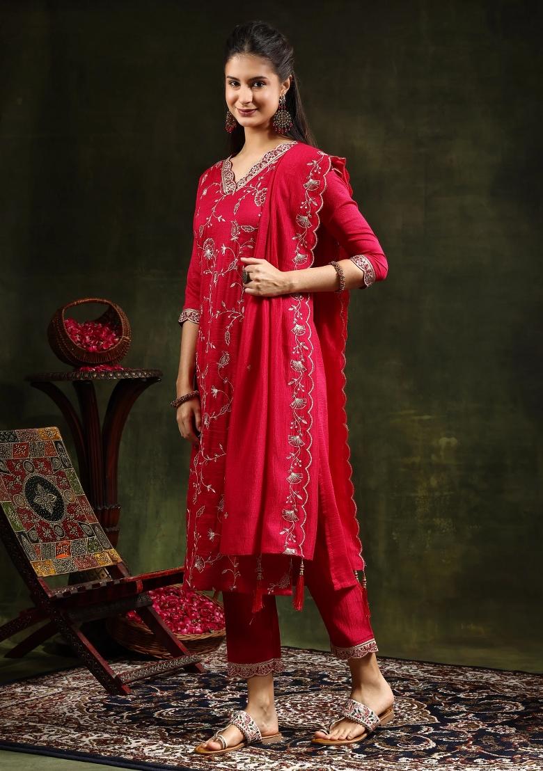Pink Embroidery Silk Kurta Set - Indya