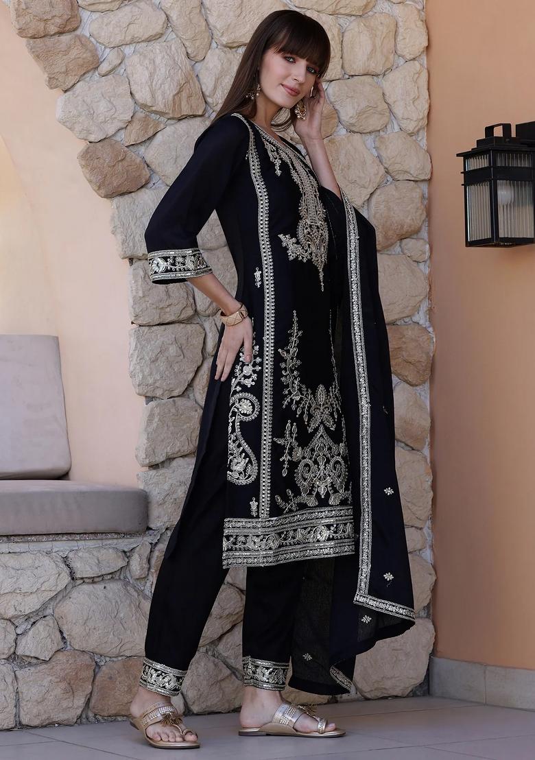 Black Embroidery Silk Kurta Set - Indya