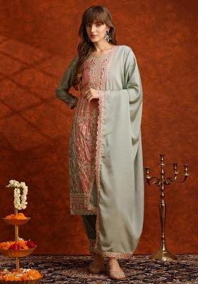 Green Embroidery Silk Kurta Set