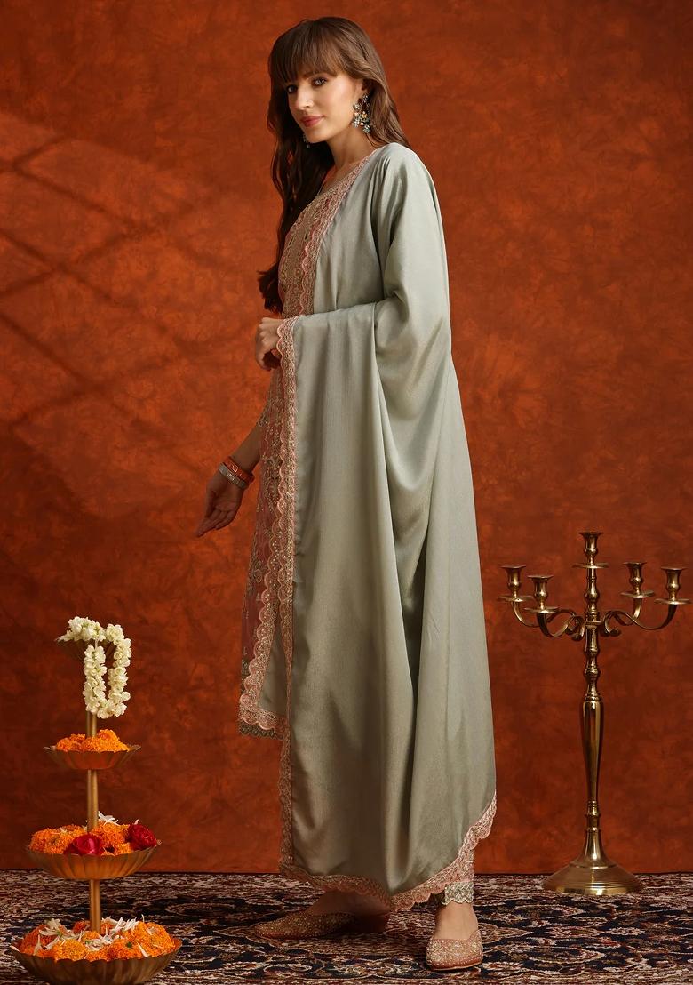Green Embroidery Silk Kurta Set - Indya