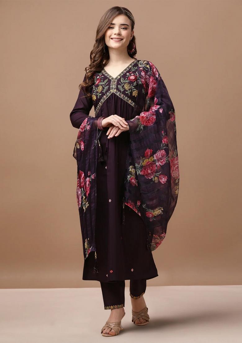 Multicolor Embroidery Rayon Kurta Set - Indya