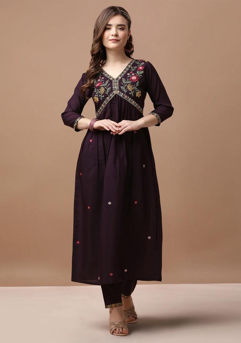 Multicolor Embroidery Rayon Kurta Set - Indya