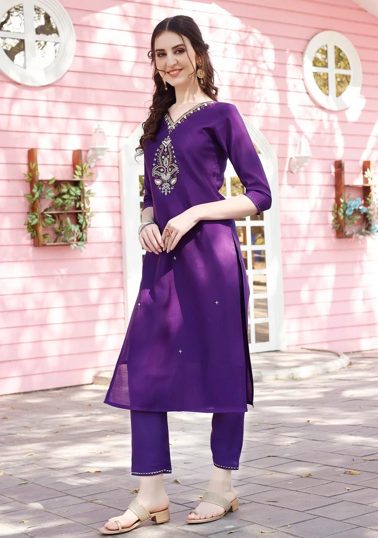 Multicolor Embroidery Rayon Kurta Set - Indya