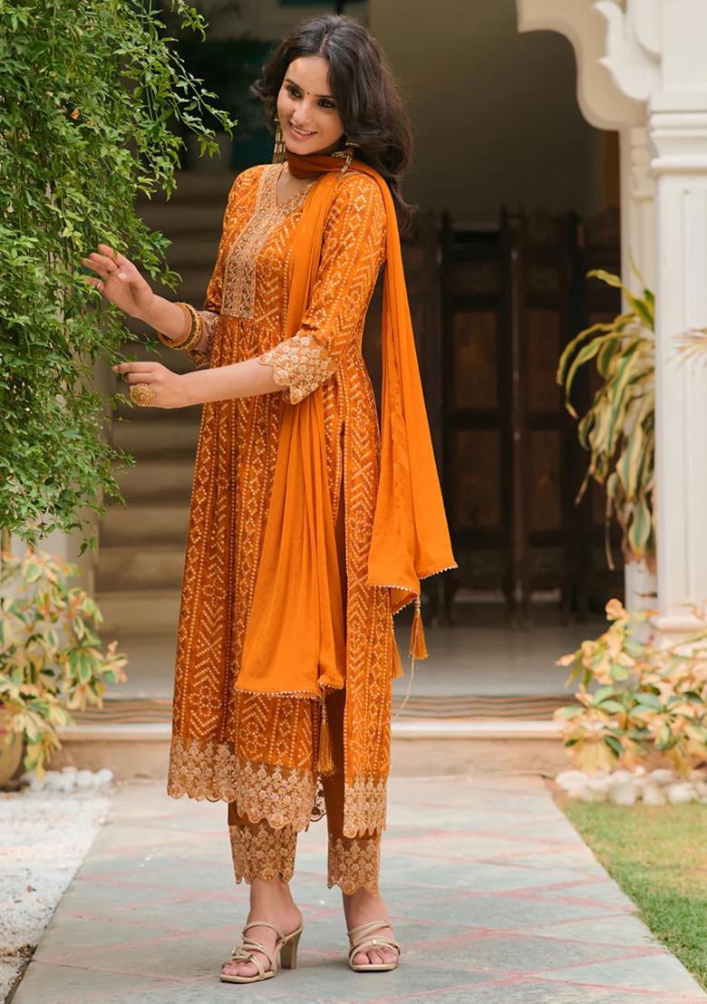 Mustard Embroidery Rayon Kurta Set - Indya