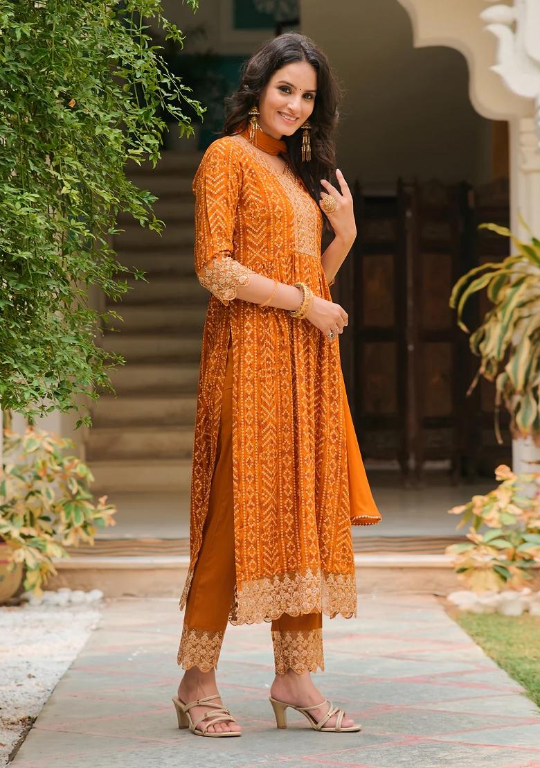 Mustard Embroidery Rayon Kurta Set - Indya