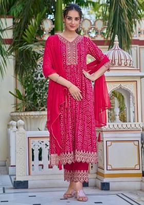 Rani Pink Embroidery Rayon Kurta Set