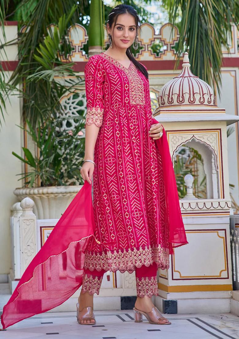 Rani Pink Embroidery Rayon Kurta Set - Indya