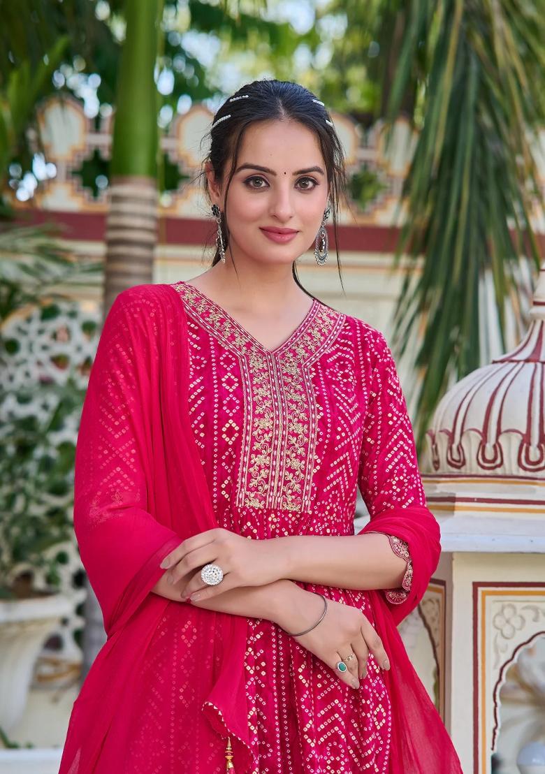 Rani Pink Embroidery Rayon Kurta Set - Indya