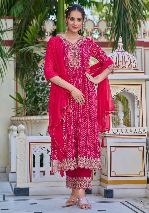 Rani Pink Embroidery Rayon Kurta Set