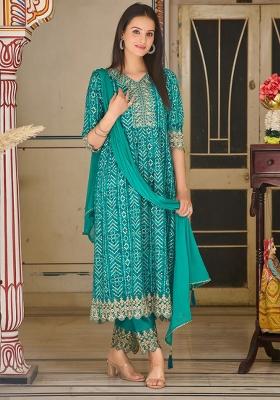 Teal Blue Embroidery Rayon Kurta Set