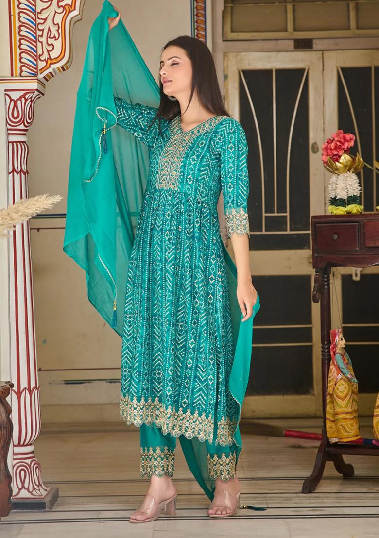 Teal Blue Embroidery Rayon Kurta Set - Indya