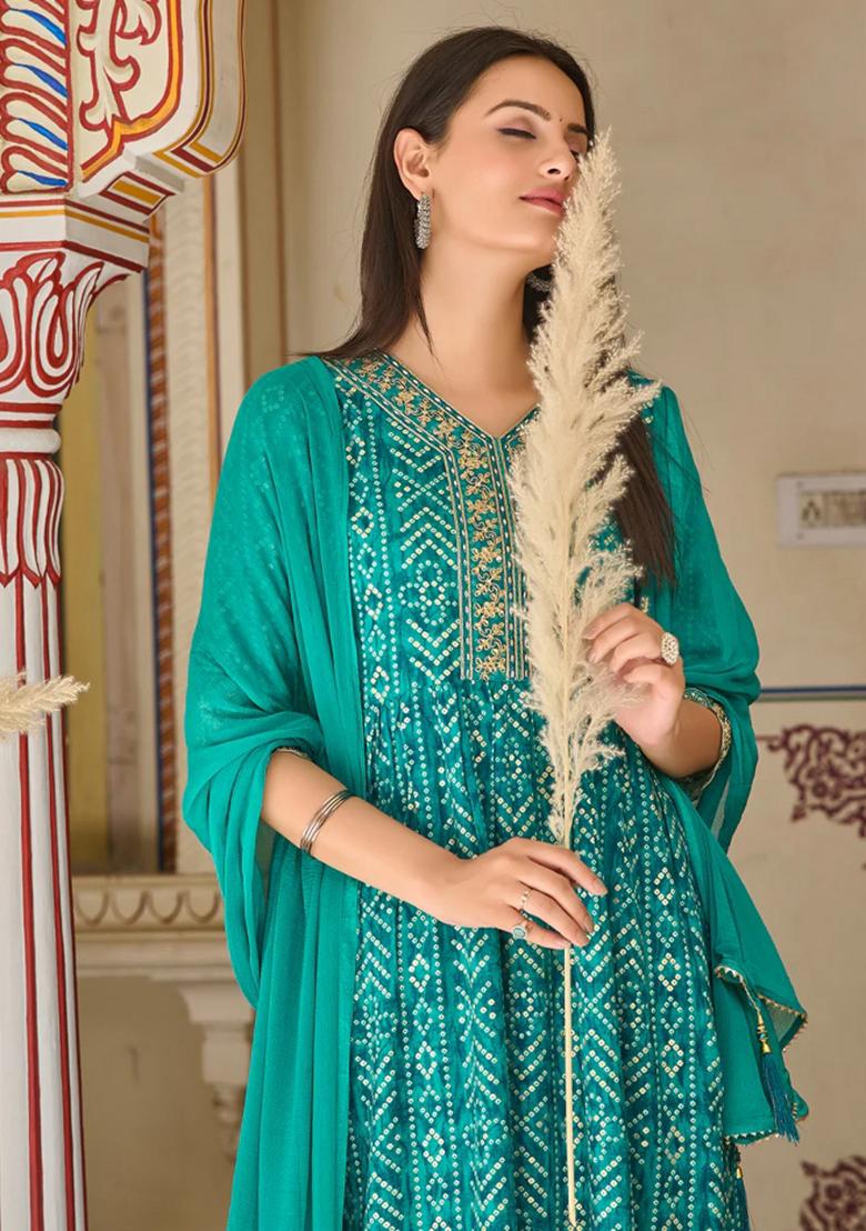 Teal Blue Embroidery Rayon Kurta Set - Indya