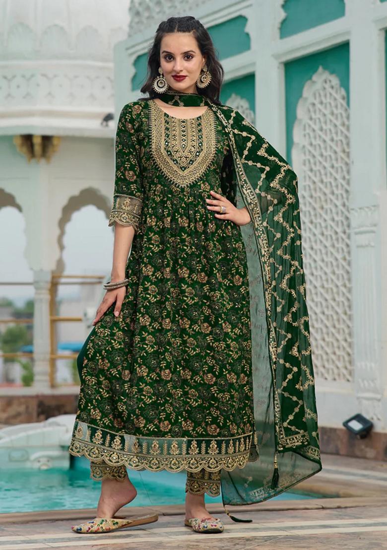 Green Embroidery Rayon Kurta Set - Indya