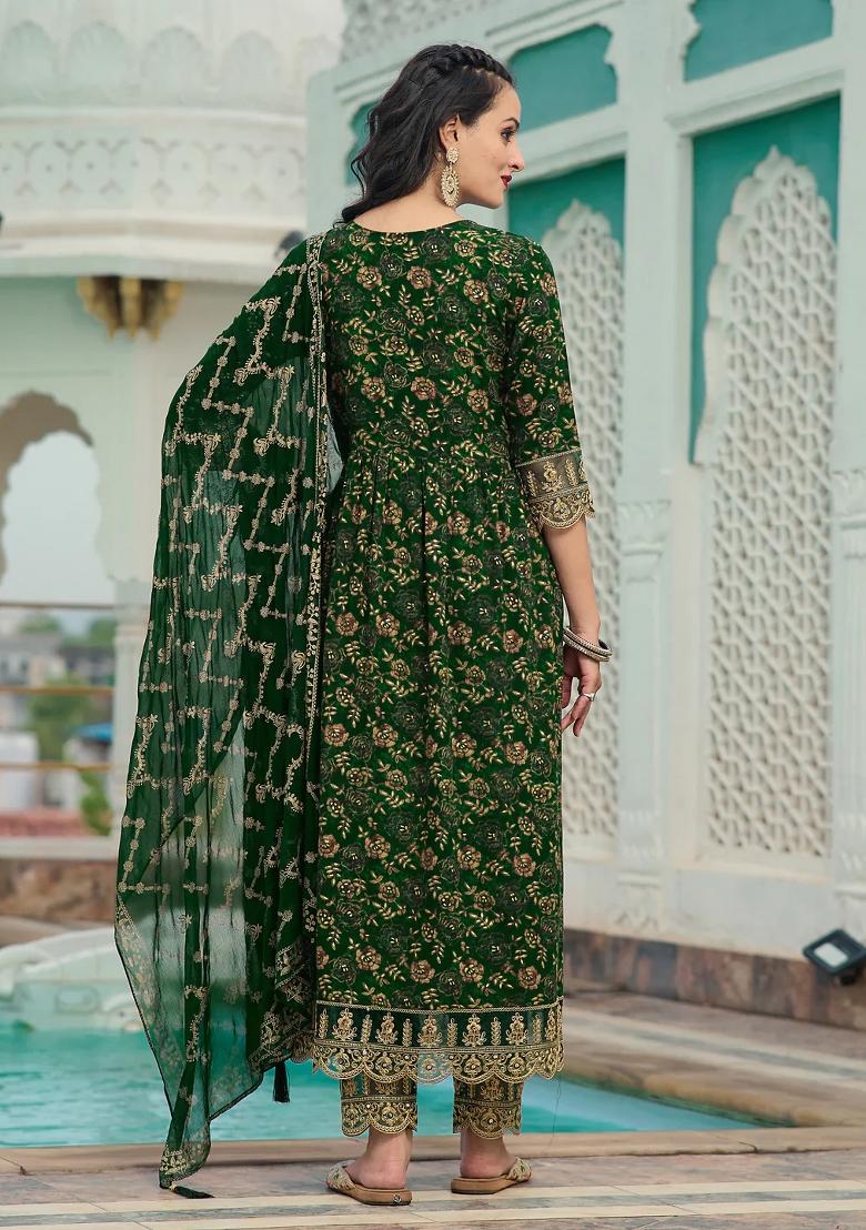 Green Embroidery Rayon Kurta Set - Indya
