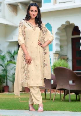 Cream Embroidery Jacquard Kurta Set