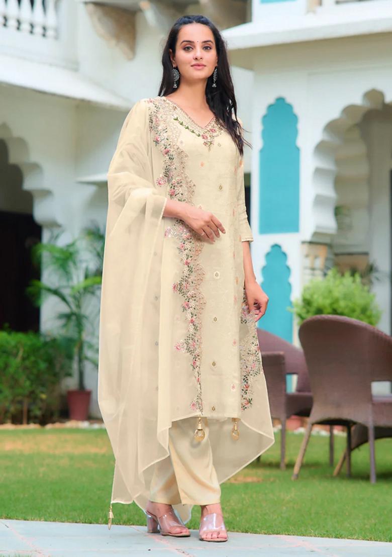 Cream Embroidery Jacquard Kurta Set - Indya