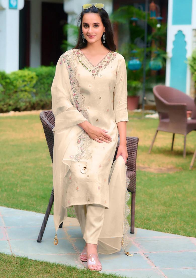 Cream Embroidery Jacquard Kurta Set - Indya