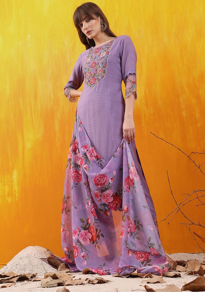 Lavender Embroidery Chanderi Kurta Set - Indya